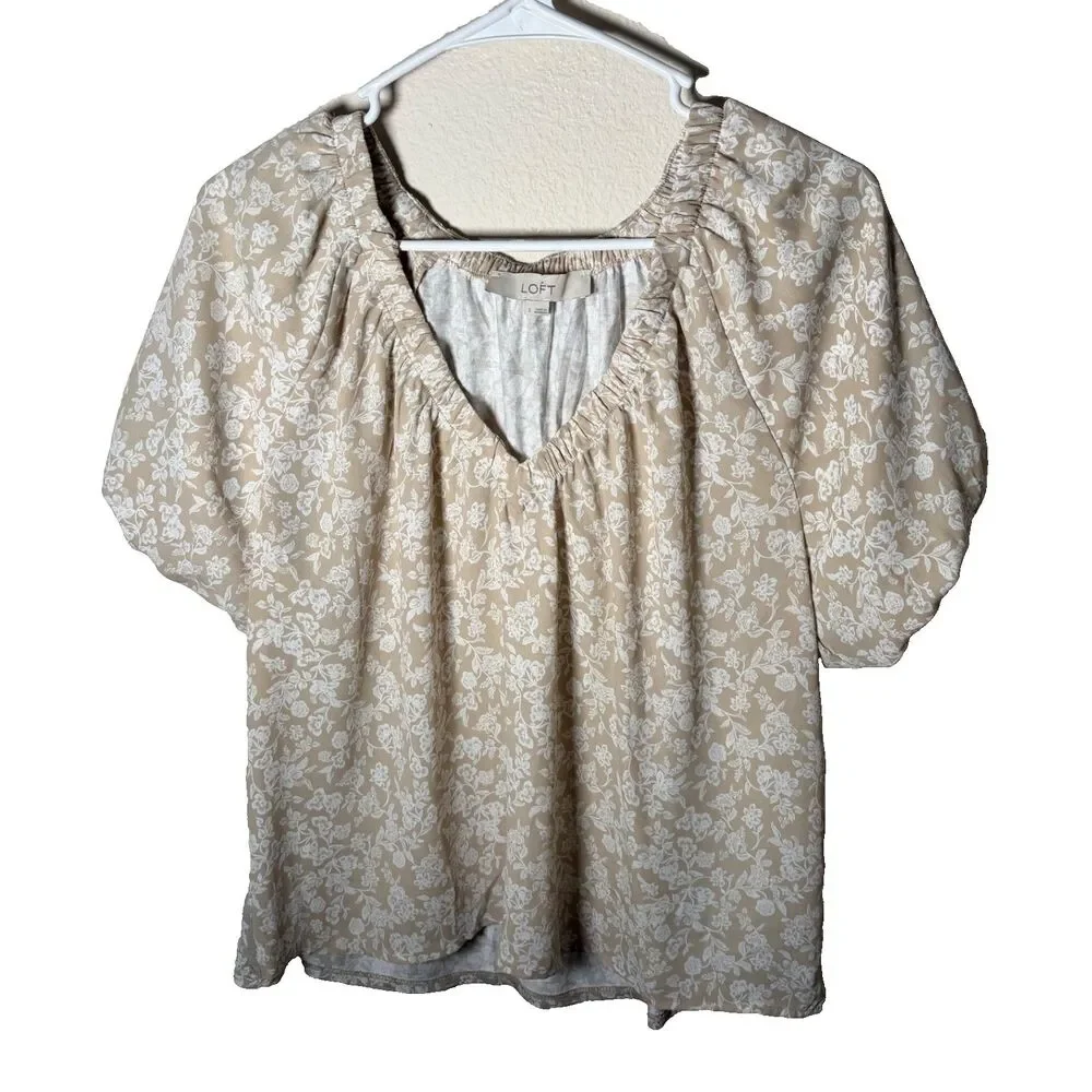 Loft Blouse Women's Small Brown Floral Puff Sleeve V-Neck Casual Top Shirt